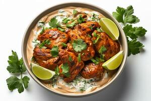 ai generado de chuparse los dedos mantequilla pollo curry en un De arriba hacia abajo vista, presentado en un balti plato con cilantro guarnación, aislado en un blanco antecedentes un tentador adición a ninguna internacional menú foto