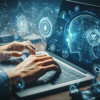 AI generated digital technology computer engineer working on a computer with a digital communication concept photo
