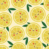 Vector seamless pattern with smiling lemon slices and green leaves in cartoon style