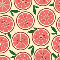 Vector seamless pattern with smiling grapefruit slices and green leaves in cartoon style