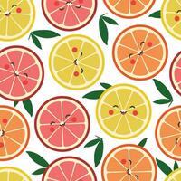 Vector seamless pattern with smiling citrus slices and green leaves in cartoon style