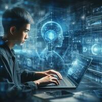 AI generated digital technology computer engineer working on a computer with a digital communication concept photo