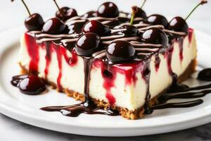 AI generated Sweet dessert with chocolate topping and cherries on a white plate close-up. Delicious cheesecake. photo