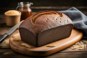 AI generated Fresh rye bread on a cutting board. Whole grain rye bread with seeds on a rustic background. photo