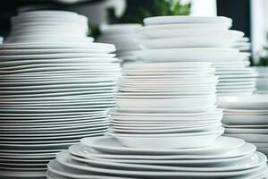 AI generated Many different white plates are stacked on top of each other together in the kitchen. Clean dishes. photo