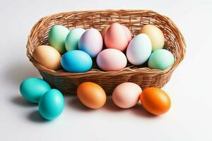 AI generated Easter eggs painted in different colors in a wicker basket on a white background. Symbol of the holiday of Easter. photo