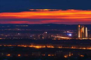 ai generado luces de casas y rascacielos de el noche ciudad en contra el fondo de puesta de sol. hermosa paisaje urbano foto