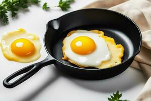 AI generated Cooked fried chicken eggs with whole yellow yolk in a non-stick frying pan and in a plate on the table. Tasty breakfast. photo