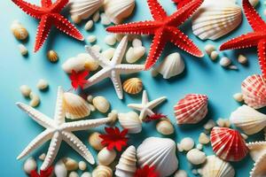 AI generated Colorful white seashells, red starfish on a blue background. The concept of recreation, tourism, travel. photo