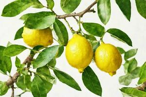 AI generated Fresh whole yellow lemons on tree branches with green leaves. Ripe seasonal fruits. Harvest. photo