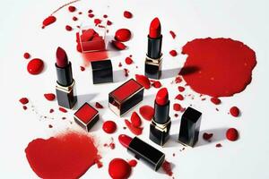AI generated Black open tubes with red lipstick on a white background. Decorative cosmetics. Beautiful wide color swatches with texture, shade samples. photo