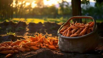 Sweet potatoes freshly harvested on the field photo
