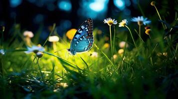 ai generado mariposa en el césped prado a noche generativo ai foto