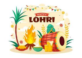 Happy Lohri Festival of Punjab India Vector Illustration of Playing Dance and Celebration Bonfire with drums and kites in Flat Cartoon Background