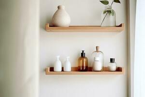 A detailed shot of a minimalist bathroom shelf, adorned with carefully curated essentials and decorative elements Generative AI photo