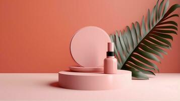 Pink or coral podium with palm leaves and cosmetics mockup photo