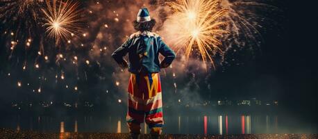 Happy harlequin clown with fireworks on background backview photo