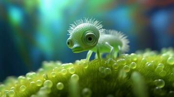 cute alien green on leaf green Generative AI photo