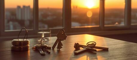 AI generated Keys on the table in new apartment against the background of sunset photo