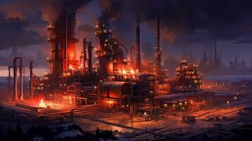 Industrial plant with smoking chimneys in the night photo