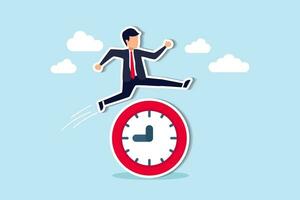 Smart time management, success in work strategy on business deadline or working time efficiency concept, smart happy and confidence businessman employee worker jump over time passing clock. vector