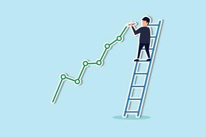 Stock price growth, asset price soaring or rising up, bullish stock market or economic recovery concept, confident businessman trader climbing up ladder to draw green rising up investment line graph. vector