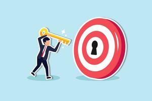 Key to success and achieve business target, KPI, career achievement or secret for success in work concept, businessman putting golden key into bullseye target key hold to unlock business success. vector