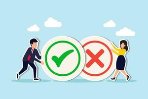 Pros and cons, do and dont or negative vs positive, comparison or advice article, yes or no, good or bad idea concept, business people holding big pros and cons, right and wrong symbols. vector