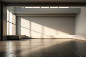 AI generated 3d rendered Modern Hall Interior Background Empty room with a huge window. minimal with copy space photo