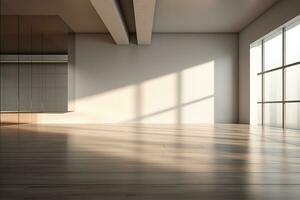 AI generated 3d rendered Modern Hall Interior Background Empty room with a huge window. minimal with copy space photo