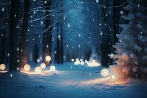 AI generated illuminated pine christmas tree snowy forest night photo