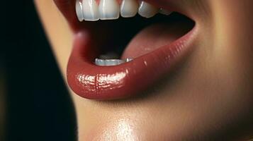 Closeup of beautiful female lips with white teeth. Teeth whitening concept. photo