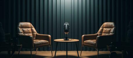 Two chairs and microphones in podcast photo