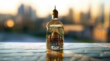 close up photo mosque on bottle Generative AI