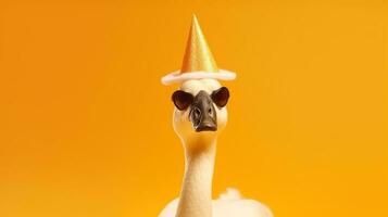 White swan in party hat and sunglasses on orange background with balloons photo