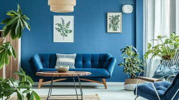 AI generated living room interior design with sofa minimal aesthetic blue velvet 3d rendered photo