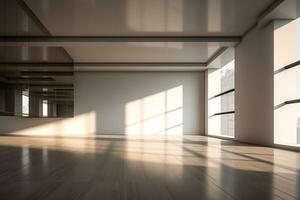 AI generated 3d rendered Modern Hall Interior Background Empty room with a huge window. minimal with copy space photo