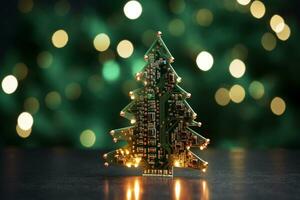 AI generated Christmas tree made with circuit board technology concept photo