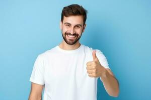AI generated Portrait of cheerful man smiling and showing thumb up over blue background photo