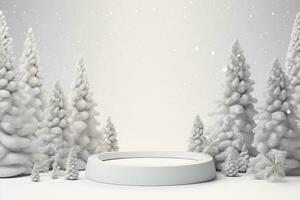 AI generated merry Christmas 3d rendered white Podium display for event photo