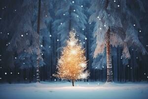 AI generated illuminated pine christmas tree snowy forest night photo