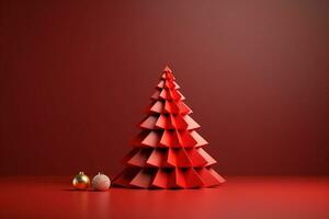 AI generated Red Christmas tree made with card paper copy space red isolated background photo