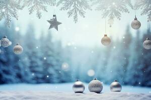 AI generated Merry christmas and happy new year, holidays greeting card with blurred bokeh background photo