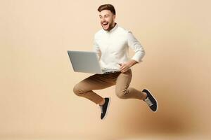 AI generated Full length portrait of a happy young man jumping with laptop photo