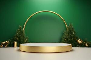 AI generated 3d rendered green Podium display for merry Christmas event photo