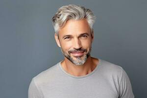 AI generated Successful businessman with crossed arms stands on a gray background photo