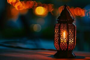 AI generated Ornamental Arabic lanterns. Glittering golden bokeh lights on the table photo