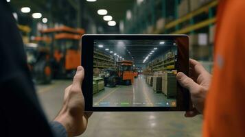 Hands of engineer using a tablet in a logistics center photo