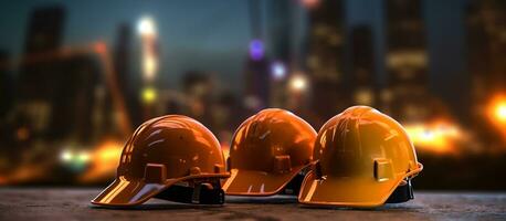 AI generated Safety helmets in construction with blur light town background photo