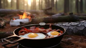 ai generado cámping desayuno con tocino y huevos en un emitir hierro habilidad foto